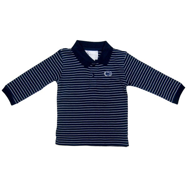 navy toddler long sleeve golf polo with white stripes and stitched Penn State Athletic Logo
